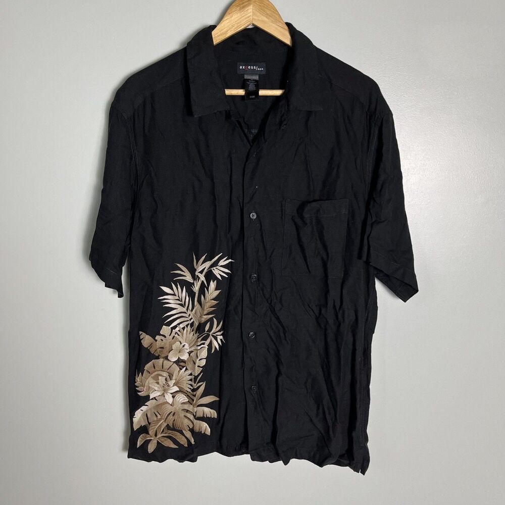Axcess‎ Men’s Size M Hawaiian Shirt Aloha Black Floral Button Up Lounge Vacation